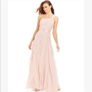 Adrianna Papell Chiffon One-Shoulder Gown Asymmetrical Dress Blush Pink Size 14